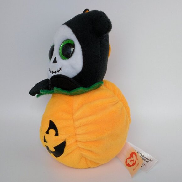 2018 TY Beanie Boos Halloweenie Beanies SPOOKY Grim Reaper w/Pumpkin Key Clip - Picture 3 of 5